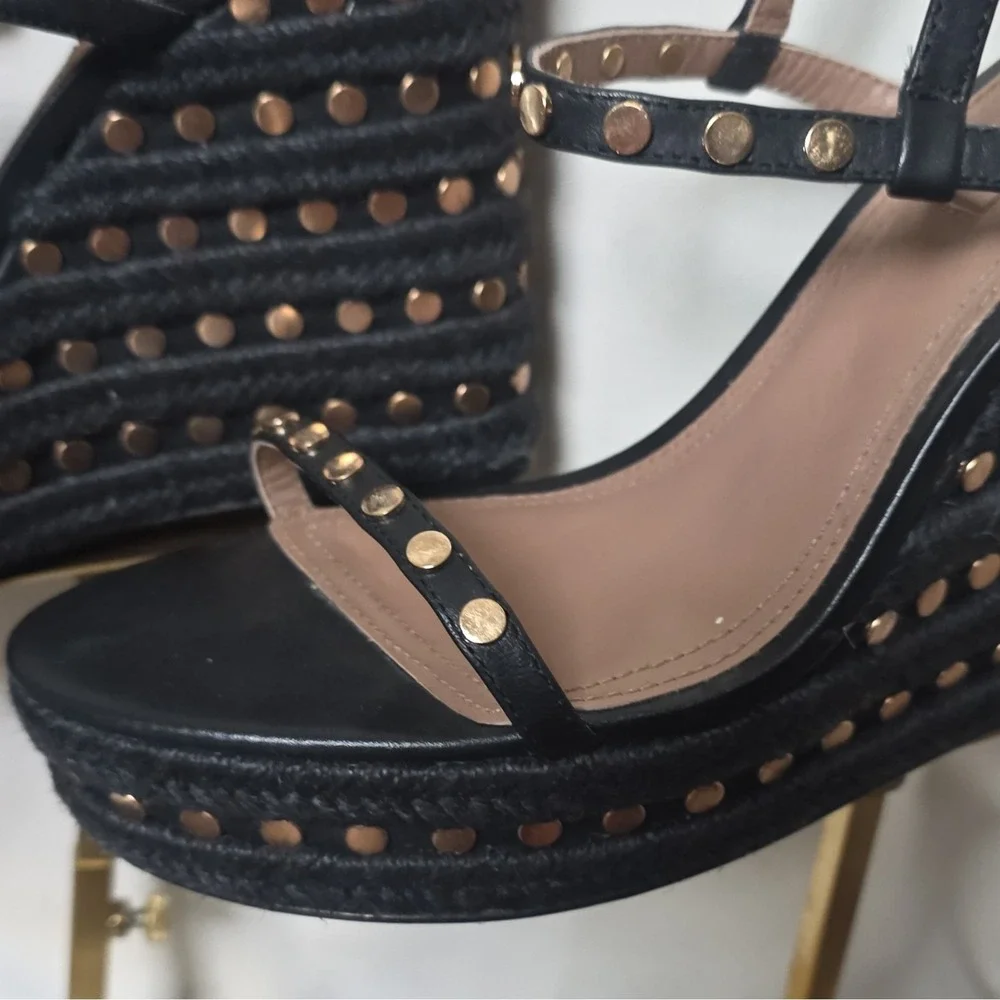BCBGMAXAZRIA Paige Women's Black Calf Leather Studded Wedge 10M